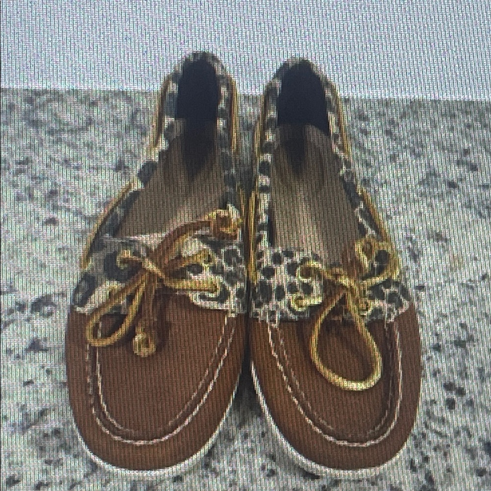 Sperry Womens Leopard Print Brown Leather Boat Shoes Loafers Size 8.5M